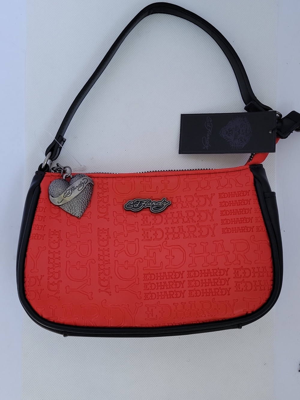 Ed Hardy Red Shoulder Bag with Black Trim and Heart Charm Accent